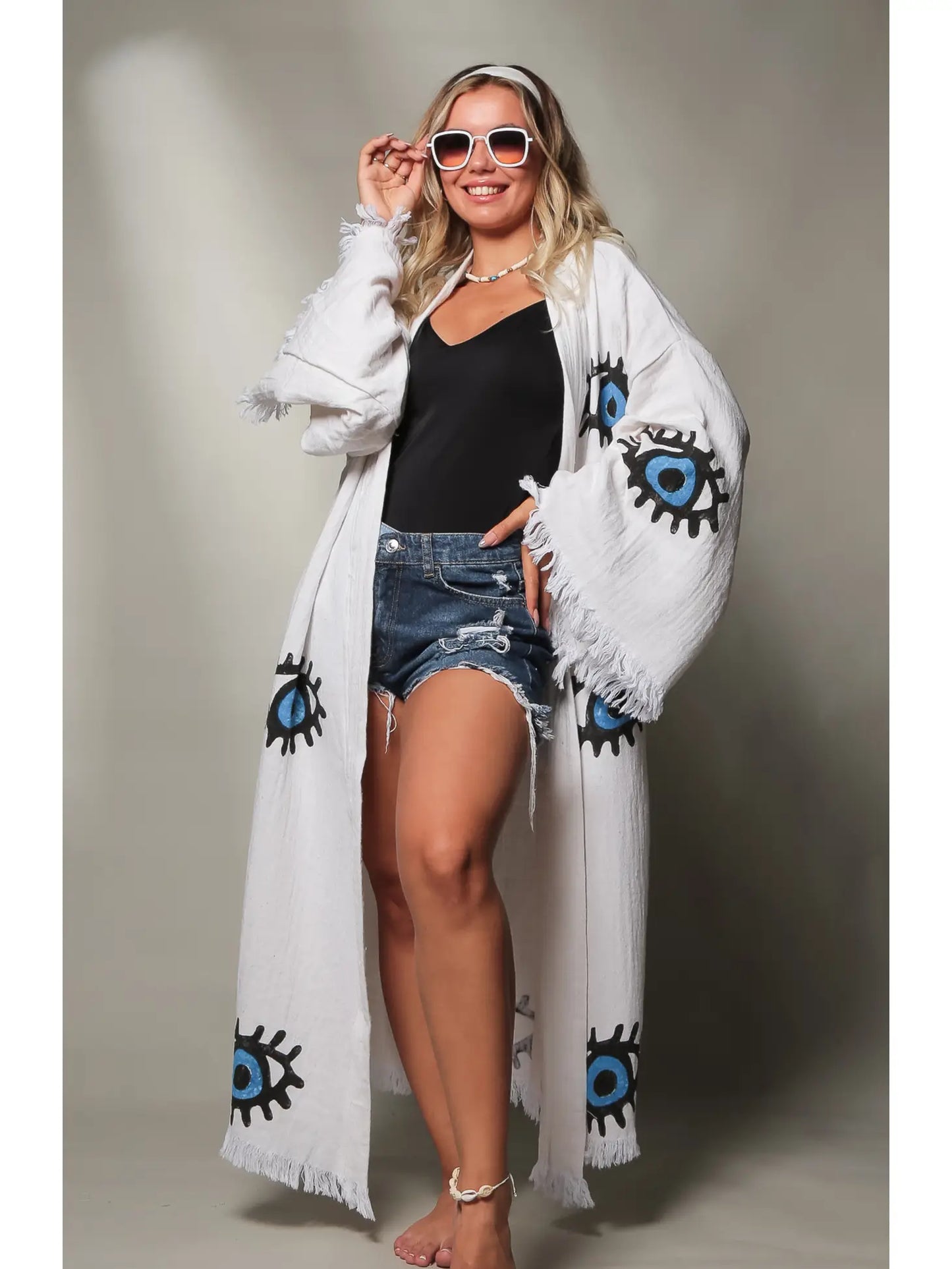 Blue Evil Eye Long Kaftan Kimono