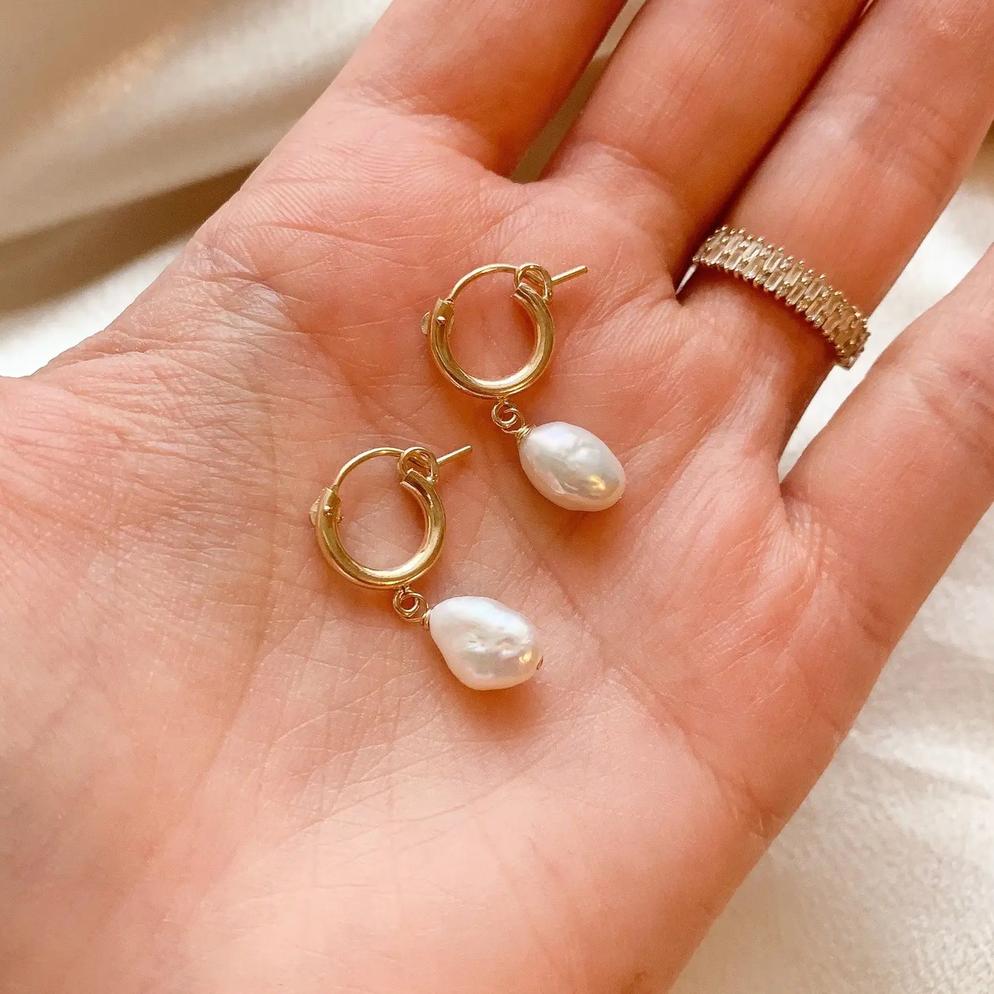 14k Gold Filled Pearl Huggies