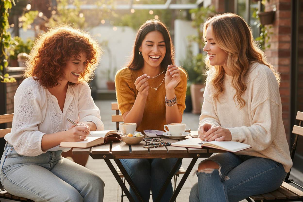 Three women sitting at a table outdoors, engaged in conversation.
